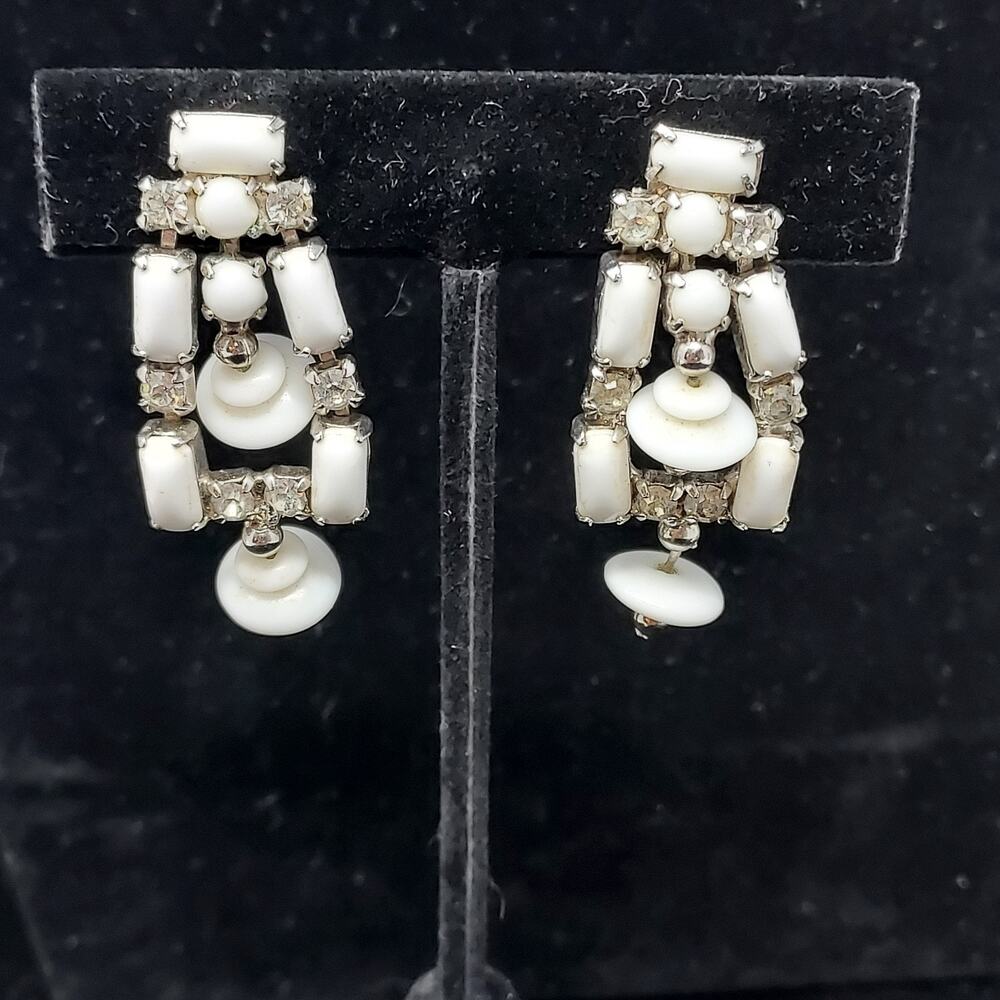 Vintage Milk Glass Rhinestone Silver Tone Dangle Clip On Earrings 1.5" READ MCM